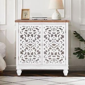 PHI VILLA Accent Cabinet with Doors Hollow-Carved Cabinet Farmhouse Antique Cabinet Credenza Buffet Cabinet for Entryway Living Room Storage Cabinet White