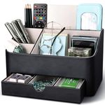 KINGFOM Desk Tidy Organiser mit 5 Grids and Drawer, PU Leather Desk Organiser Office Desktop Stationary Organiser Holder Large Capacity Pen Pot Pen Holder for Desk Accessories (Black)