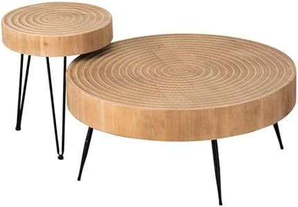 COZAYH 2-Piece Modern Farmhouse Living Room Coffee Table Set, Nesting Table Round Natural Finish with Handcrafted Wood Ring Motif