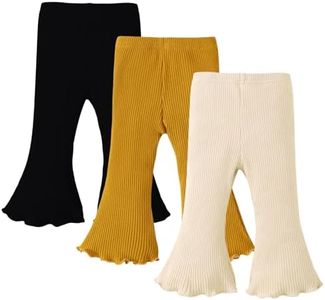 SOBOWO Toddler Baby Girl Flare Pants 3 Pack Solid Ribbed Ruffle Bell Bottoms Pants Fall Outfits(Black/Yellow/Beige, 12-18 Months)
