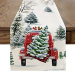 Artoid Mode Waterclor Snow Pine Tree Truck Christmas Table Runner, Seasonal Winter Merry Xmas Kitchen Dining Table Decoration for Home Party Decor 40x140 cm