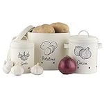 Navaris Storage Tins for Potatoes, Garlic, Onion - Set of 3 Metal Food Bin Container Pots with Lids for Kitchen - Vegetable Containers - Cream