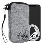 kwmobile Felt Phone Pouch Size L - 6.5" - Zippered Universal Bag with Zipper and Embroidered Design - Navigational Compass Black/Light Grey