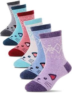 ProEtrade Merino Wool Socks for Kids Toddlers Boys Girls Thick Warm Winter Hiking Heavy Thermal Cozy Crew Boot Cat Gift Socks 6 Pack(Cat-Snowflake,4-7 Y)