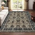 BRICHOEE Large Vintage Washable Area Rug 9x12 Olive Low-Pile Indoor Floral Printed Carpet Non Slip Print Boho Persian Rugs for Living Room