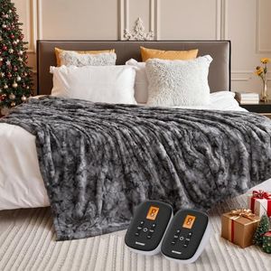 WOOMER Heated Blanket King Size 100" x 90", Electric Blanket with Dual Controllers, 0.5-12 Hours Timer & 10 Heating Levels, ETL Certified, Marble Gray Double-Sided Faux Fur, Machine Washable