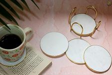 Monstera Hut ® White Marble Coaster Set with Brass Rim - (Set of 6 with Holder)