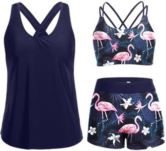 Holipick 3 Piece Tankini Swimsuits for Women Tummy Control Bathing Suits Swim Tank Top with Bra Boy Shorts Teen Swimwear, Flamingo, Small