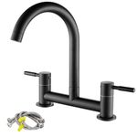 Ankoory Bridge Kitchen Sink Mixer Tap, 2 Hole Kitchen Bridge Mixer, 180mm Centers Deck Mounted Faucet with G1/2 Hoses, UK Standard Fittings, Dual Lever 1/4 Turn, 360° Swivel Spout, Brass, Matte Black