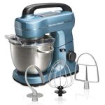 Hamilton Beach 7-Speed Stand Mixer for Baking, 300W, 4 Quart Stainless Steel Bowl, Dough Hook, Whisk, Flat Beater, Splash Guard, Blue (63393G)