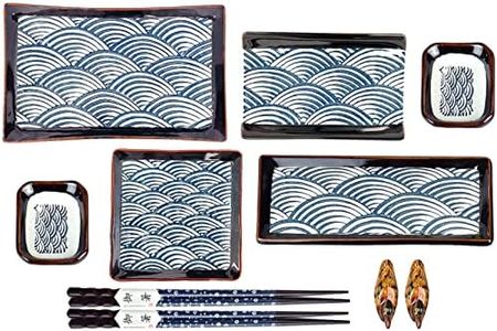 Artcome Juego de vajilla de cerámica de estilo japonés de 10 piezas con 4 platos de sushi, 2 platos de salsa, 2 pares de palillos, 2 soportes para palillos