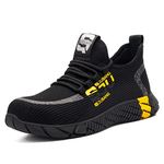 USOR Safety Work Steel Toe Shoes for Men Women Lightweight Safety Sneakers Fashion Working Shoe Comfortable Breathable Work Boots Puncture Proof Safety Toe Shoes, Black Yellow-42