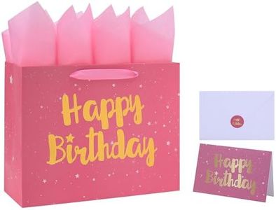 13" Large Pink Gift Bag Set with Greeting Card and Tissue Papers (Stars and Gold Foil ‘Happy Birthday’) for Women's Party, Girls' or Kids' Birthday Parties, Baby Girl, Baby Shower - 13”x5.2”x10.2”, 1