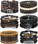 JeweBella 20PCS Leather Bracelets for Men Punk Braided Vintage Brown Beads Bracelet Cuff Bracelet Ethnic Rope Bracelet Men Black Adjustable Wristband Bracelet Rope Wrap Bracelets Set Gift Jewelry