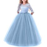 Flower Girls Lace 3/4 Sleeve Dress Wedding Bridesmaid First Communion Evening Party Floor Length Dress Kids Princess Pageant Birthday Prom Carnival Christmas Ball Gown Blue 11-12 Years