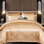 Djoymock Gold Satin Duvet Cover Jacquard Bedding Sets King Size,3 pcs Gold Comforter Cover Sets Soft Luxury Silky Bedding Set with 2 Pillowcases (Duvet Cover 220x230cm)