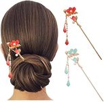 2PCS Chinese Traditional Flower Hair Sticks Vintage Pearl Metal Hairpin Handmade Hair Chopsticks Hair Styling Chignon Pins for Women Girls-Red&Green 010