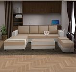 WOODREAM Left Facing Upholstered L Shape 8 Seater Sofa Set | Sectional Swed Fabric Sofa Set with Centre Table, 2 Puffy Ottomans and 4 Small Pillow for Living Room & Drawing Room | Beige & White