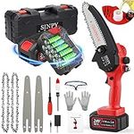 SINPY Mini-Chainsaw 6 Inch Cordless-Chainsaw with 2 * 3000 mAh Battery Electric Chainsaw with Oiler System and Security Lock Handheld Small Chain Saw for Wood Cutting Tree Trimming Gardening