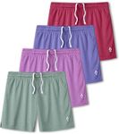 4 Pack: Girls Athletic Shorts with Pockets, 3" Dry Fit Running Shorts for Kids Teens Soccer Basketball, Red/Blue/Purple/Light Green, X-Large