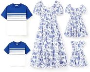 PATPAT Family Matching Outfits for Girls: Mommy and Me Matching Shirts Dresses Paisley Print Coordinated Family Matching Dresses for Vacation- Blue Floral Girl 6-7 Years