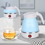 Foldable Electric Travel Kettle,600ml Portable Kettle Silicone Collapsible Heating Water Boiler Tea Pot for Camping,Easy for Storage with Separable Power Cord (Blue)