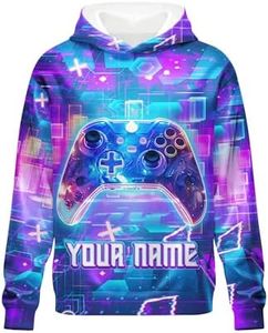 PoshWrap Boy Hoodies, Custom Gaming Hoodie for Kids Youth Gamer, Personalized Pullover with Name, Soft Hooded Game Controller Sweatshirt for Autumn Winter Purple
