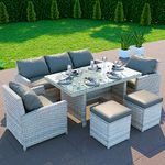 BillyOh 6 Piece Rattan Garden Furniture Set Table and Chairs Set 7 Seater Dining Sofa Set with Cushions and Stools Minerva Patio Decking Outdoor Furniture Sets, Grey