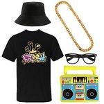 80s/90s Rapper Costume - Black Bucket Hat, Black Baggy T-Shirt, Glasses, Gold Chain and Inflatable Boombox - Adults Hip Hop Rapper Fancy Dress Costume