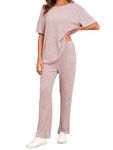Famulily Womens 2 Piece Casual Tracksuit Outfits Oversized Longline Top and Trousers with Pockets, Ladies Knitted Wide Leg Loungewear Pyjama Sets (XXL, Pink)