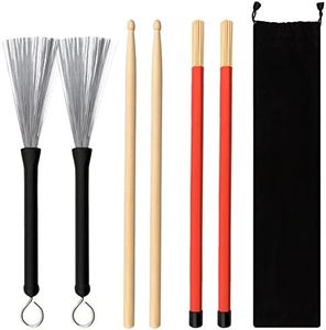 URlighting Drum Sticks Set - 1 Pair 5A Drum Sticks，1 Pair Drum Rod Brushes Sticks，1 Pair Drum Wire Brushes with Storage Bag for Kids, Adults, Rock Band, Jazz Folk, Students