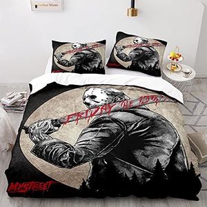 NICHIYOBI Jason Voorhees Parure de lit en 3 pièces avec housse de couette et taie d'oreiller, en microfibre, impression numérique 3D (1, simple 135 x 200 cm + 80 x 80 cm)