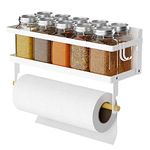 ARVINKEY Spice Rack Magnetic Shelf with Paper Towel Holder Roll and Hooks, Foldable Refrigerator Magnetic Spice Holder, Seasoning Organizer Hanging Spice Storage Stand for Kitchen, White