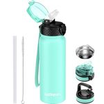 GOPPUS 600ml/20oz Stainless Steel Water Bottle with Straw Insulated Sports Bottle Cold Flask with Straw Double Walled Flip up Metal Water Bottles Leakproof Water Bottle for Gym Sports