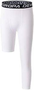 DEVOROPA Youth Boys One Leg Compression Pants for Basketball 3/4 Leggings Sports Tights Kids Athletic Soccer Base Layer, White(left Long), Large