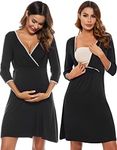 Sykooria Women's Breastfeeding Dress Cotton Soft Nursing Nightdress 3/4 Length Sleeves Maternity Nightdress Labour Nightgown for Hospital and Home A - Black