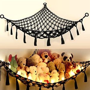 Yewiwin Cotton Stuffed Animal Organizer, Handmade Macrame Hanging Net Hammock for Toy Storage, Boho Decor Room Holder, Triangular, Black, Large, 57x42 inches, 10 lbs Capacity