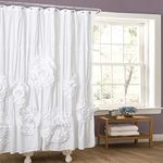 Lush Decor Serena Ruffle Shower Curtain, 72" W x 72" L, White - Beautiful Ruched Flower Design - Luxury Shower Curtain - White Ruffle Shower Curtain - Vintage Glam, Cottage & Farmhouse Bathroom Decor