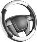 SEG Direct Car Steering Wheel Cover Small-Size for Prius Civic Model 3 Camaro Spark Rogue Mini Smart Audi with 14 inches-14 1/4 inches Outer Diameter, White Mirofiber Leather