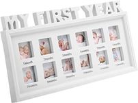 Baby Photo Frame, My First Year Birthday Wooden Infant Baby Picture Frame New Born Shower Multi Aperture Collage Photo Picture Frame with 12 Opening Standing Hanging Photograph Frame Baby Keepsake