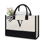 TOPDesign Embroidery Initial Canvas Tote Bag, Personalized Present Bag, Suitable for Wedding, Birthday, Beach, Holiday, is a Great Gift for Women, Mom, Teachers, Friends, Bridesmaids (Letter V)