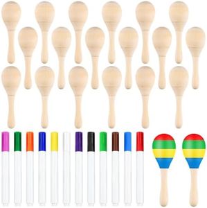 BOUBONI 20Pcs DIY Wooden Maracas for Kids, Mini Maracas for Mexican Fiesta Party Favors with 12Pcs Multicolor Pens, Cinco De Mayo Party Supplies