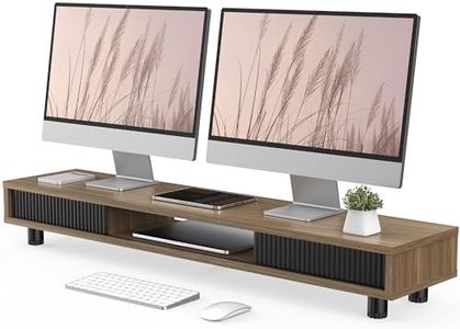 Fenge Réhausseur d'Écran d'Ordinateur avec deux Portes Coulissantes en Verre Grand Moniteur Stand pour 2 Moniteurs TV PC Imprimante, Pieds Réglables en Hauteur, 108x23,5x(15,2-16,7) cm (Marron)