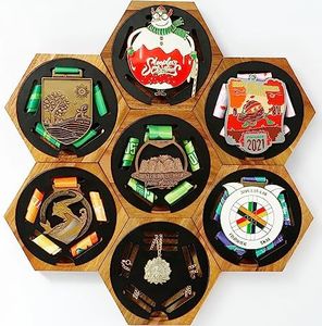 JupDec Medal Hanger Display Honeycomb Wooden Hexagon for Wall, with Strong Magnets & Black Round Iron Medal Holder for Sports Marathon Gymnastics, 7 Pack