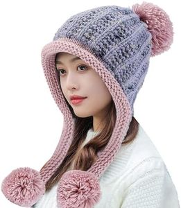 HUAMULAN Women Winter Beanie Hats Knit Ear Flaps Sherpa Peruvian Hat Cover Ears Warm Fleece Lined Ski Snow Cap with 3 Pompom
