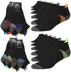 JAMES FIALLO Men's 12-Pairs Performance Low Cut Vibrant Stripes Fusion on Black Athletic Sport Socks, 2924-T1