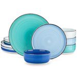 Bonita Blue Dinnerware Sets, Plates and Bowls Set for 4, 12 Pieces Stoneware Dinnerware Set, Dishwasher and Microwave Safe