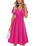 VOTEPRETTY Women's Short Sleeve V Neck Wrap Summer Dress Midi Casual Floral Sundress with Pockets Hot Pink