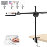 BROLAVIYA Overhead Video Mobile Metal Desktop Stand with 1/4" Male Adaptor for Camera, GoPro, Ring Light with Base Clip clamp, and Mobile Bracket for Meeting, Photo Video, Shooting