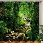 JOOCAR Shower Curtain, Green Nature Forest Jungle Tropical Rainforest Woodland Stream Flowing Mossy Rocks Summer Landscape Scenery, Waterproof Cloth Fabric Bathroom Decor Set with Hooks, 180x200cm